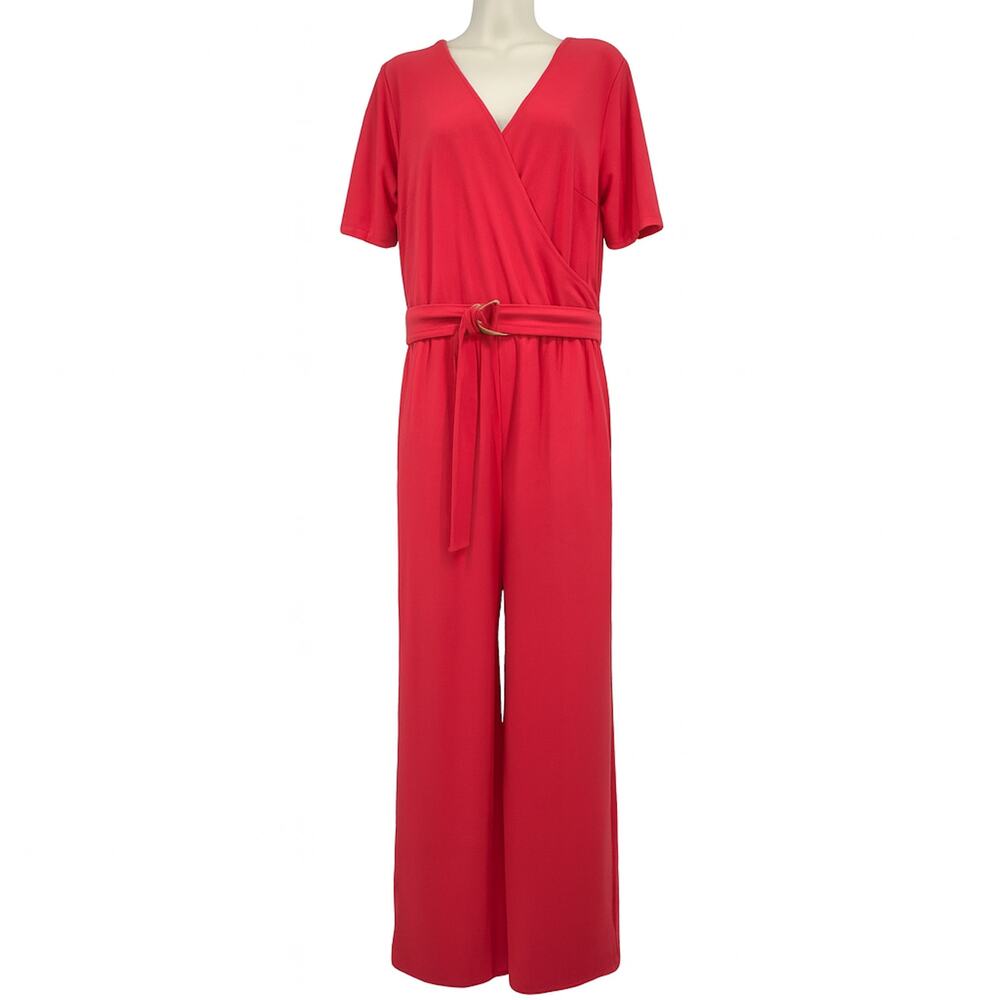 Boston Proper Beyond Travel Jumpsuit Women's L Coral Belted V-Neck‎ Wide Leg